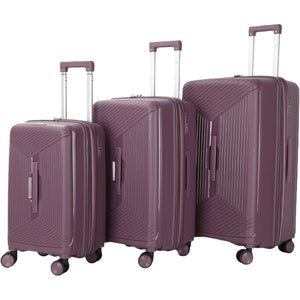 3 purple suitcases of different sizes on a white background