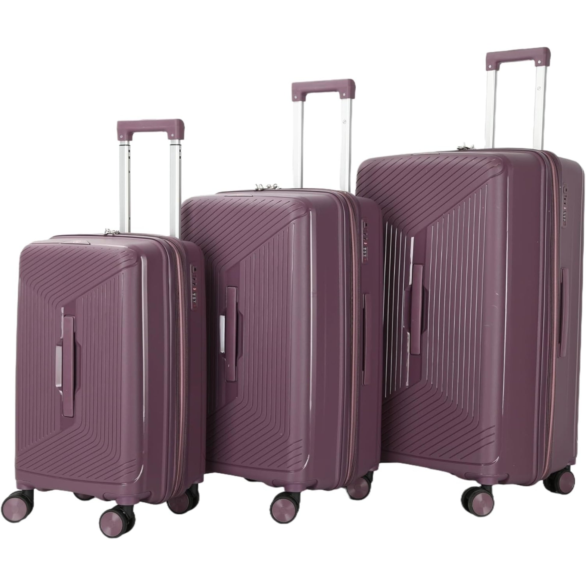 3 purple suitcases of different sizes on a white background
