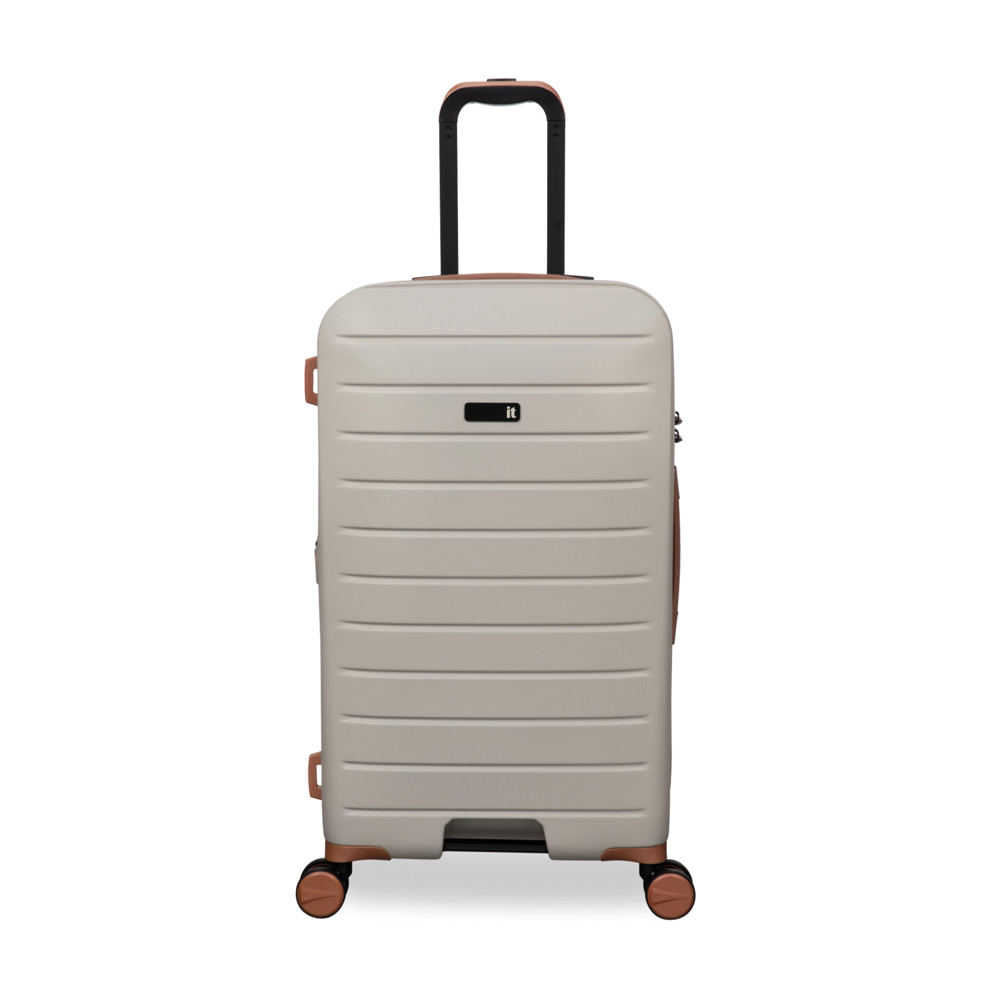 Beige suitcase with brown accents on a white background