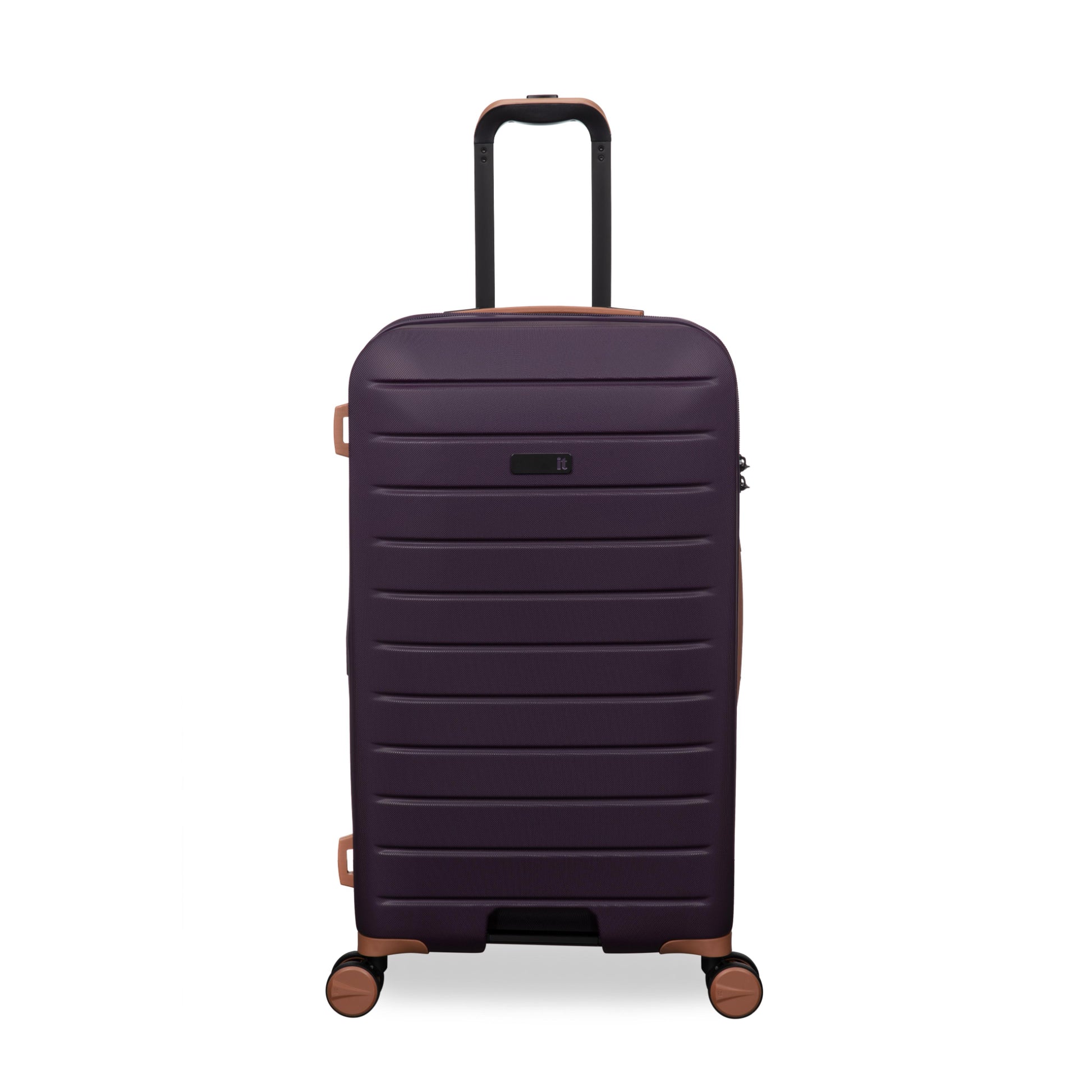 Purple suitcase with brown accents on a white background
