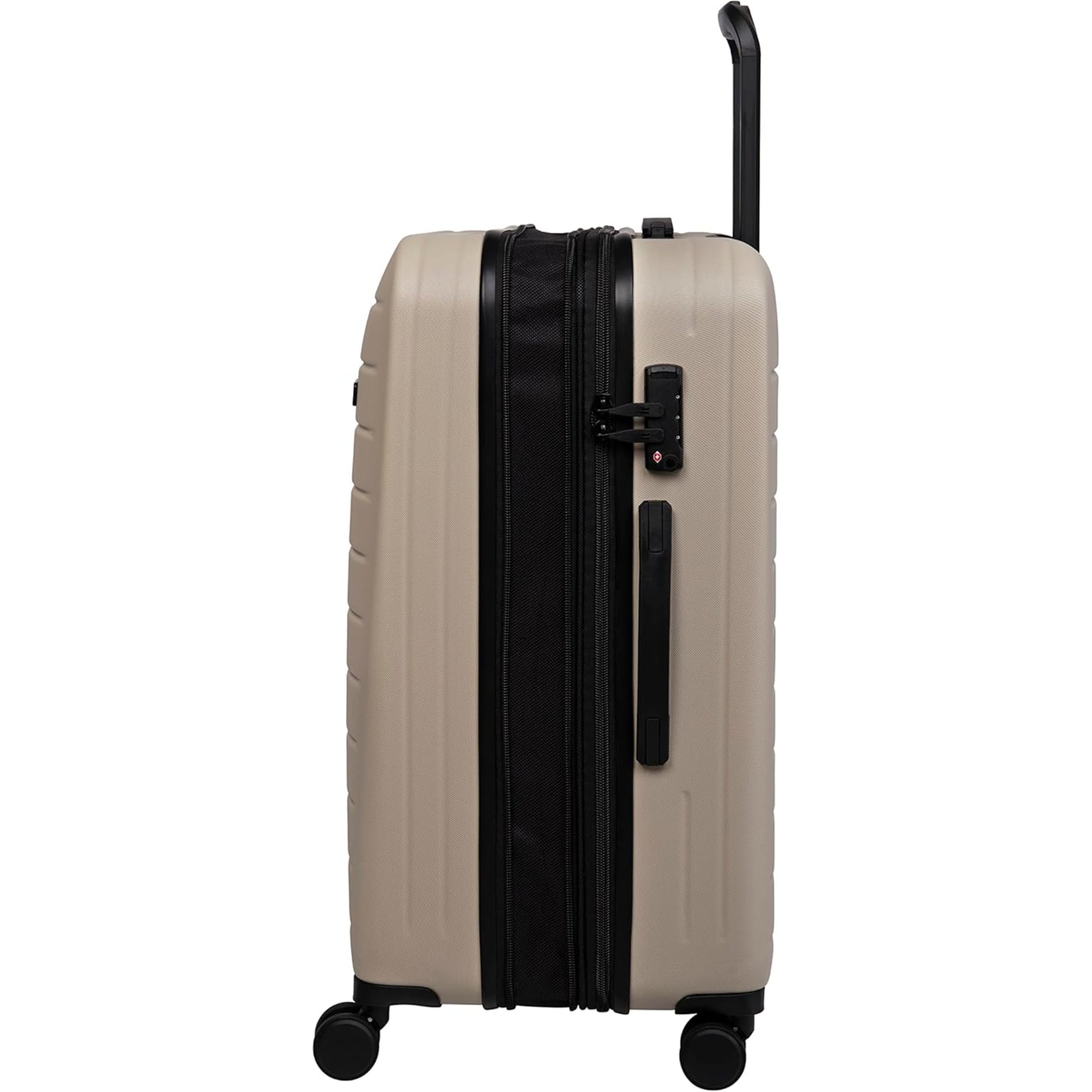 Beige suitcase with black handle and straps on a white background
