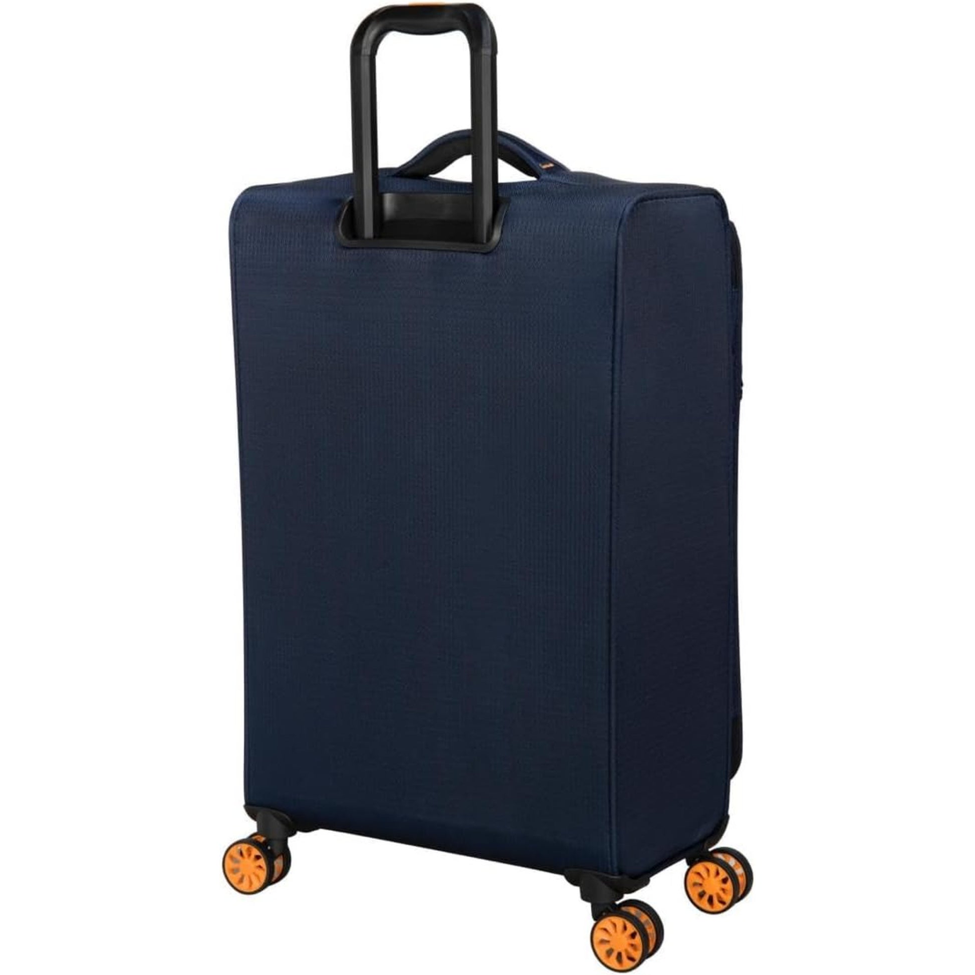 it luggage Navy blue suitcase with black handle and orange wheels on a white background
