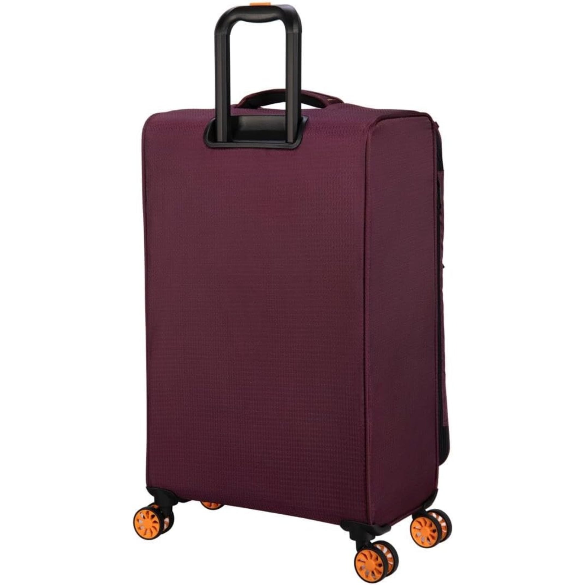 it luggage red suitcase with orange wheels on a white background