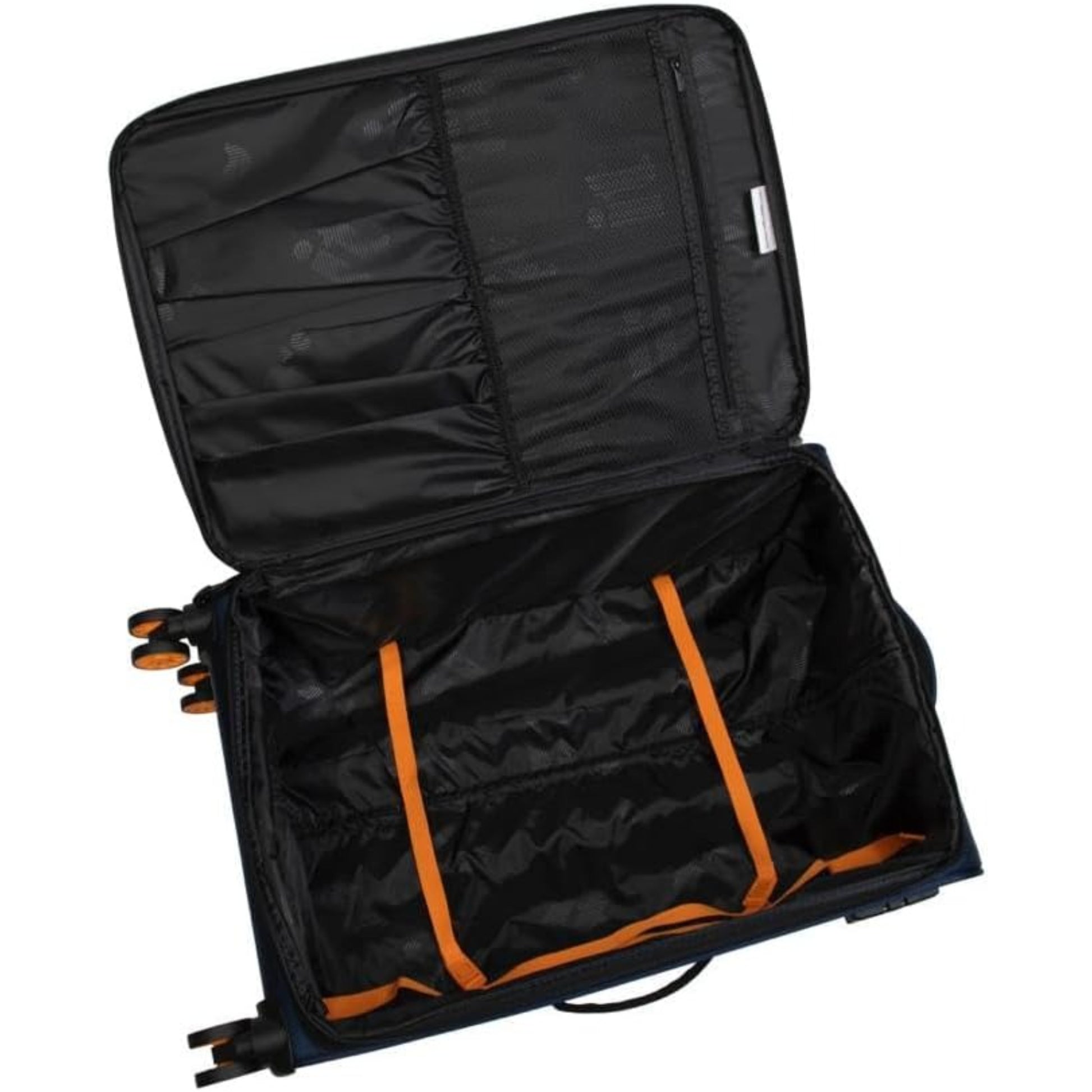 it luggage Black suitcase with orange straps on a white background