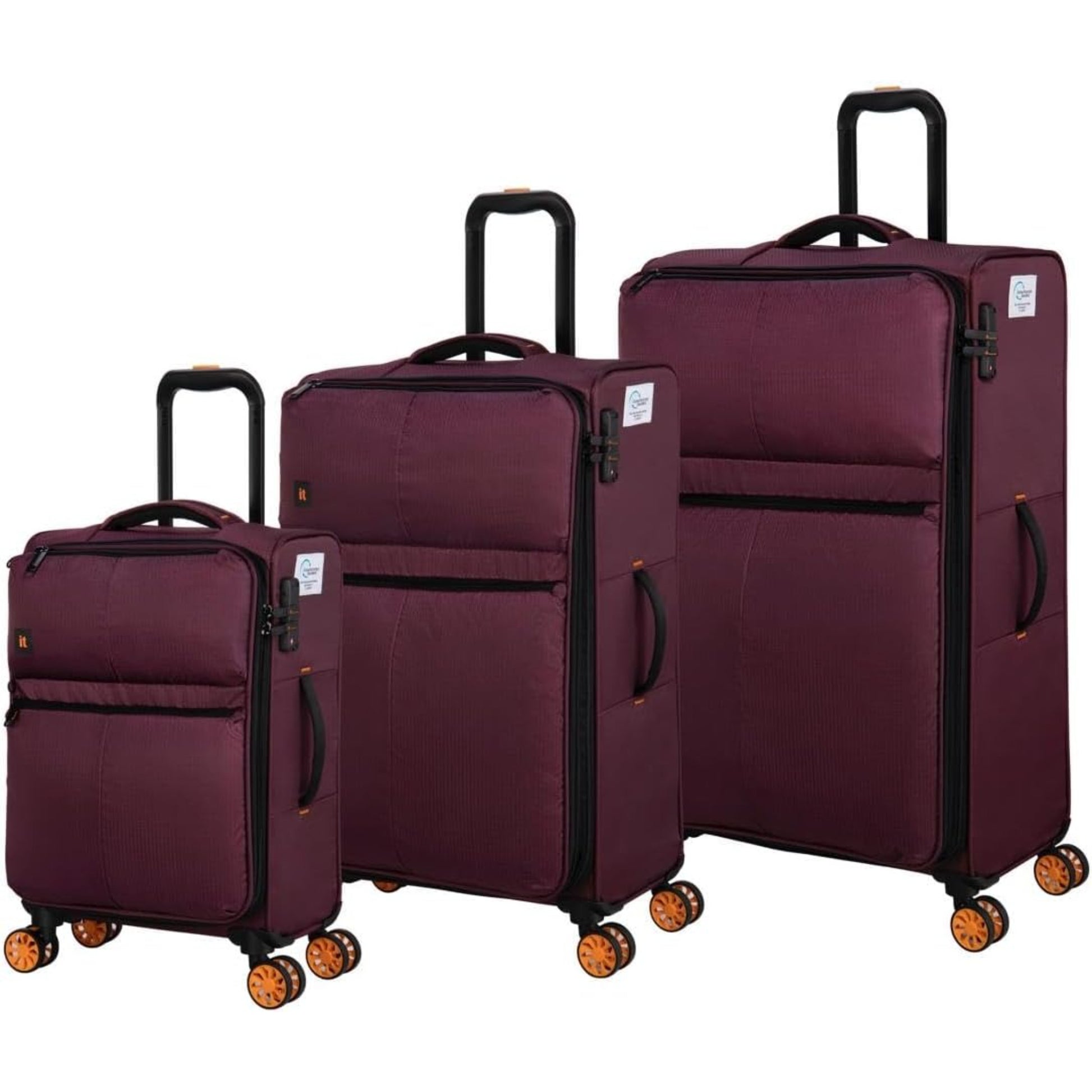 it luggage Set of three Dark Red suitcases with black handles and wheels on a white background