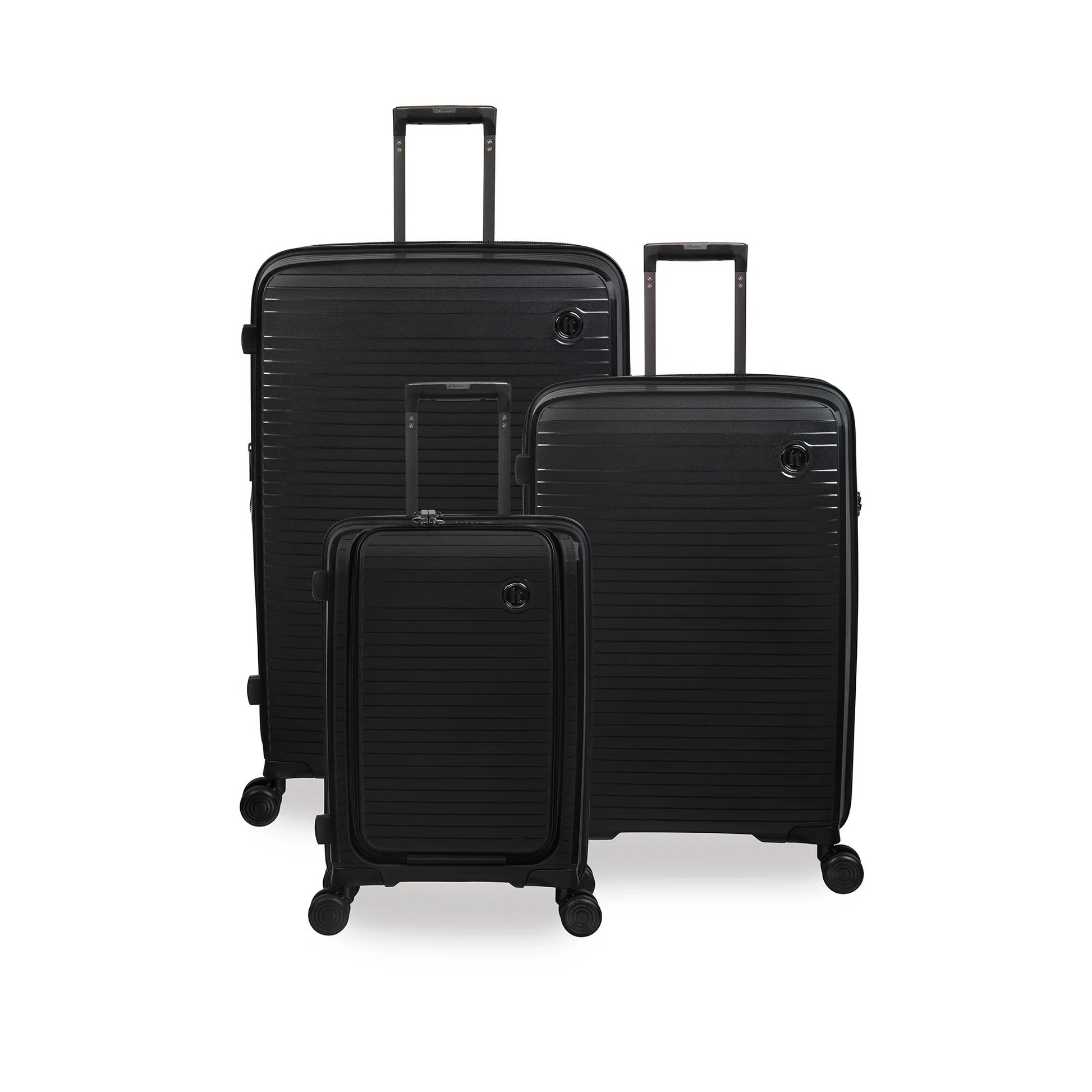 Set of 3 black suitcases of different sizes on a white background