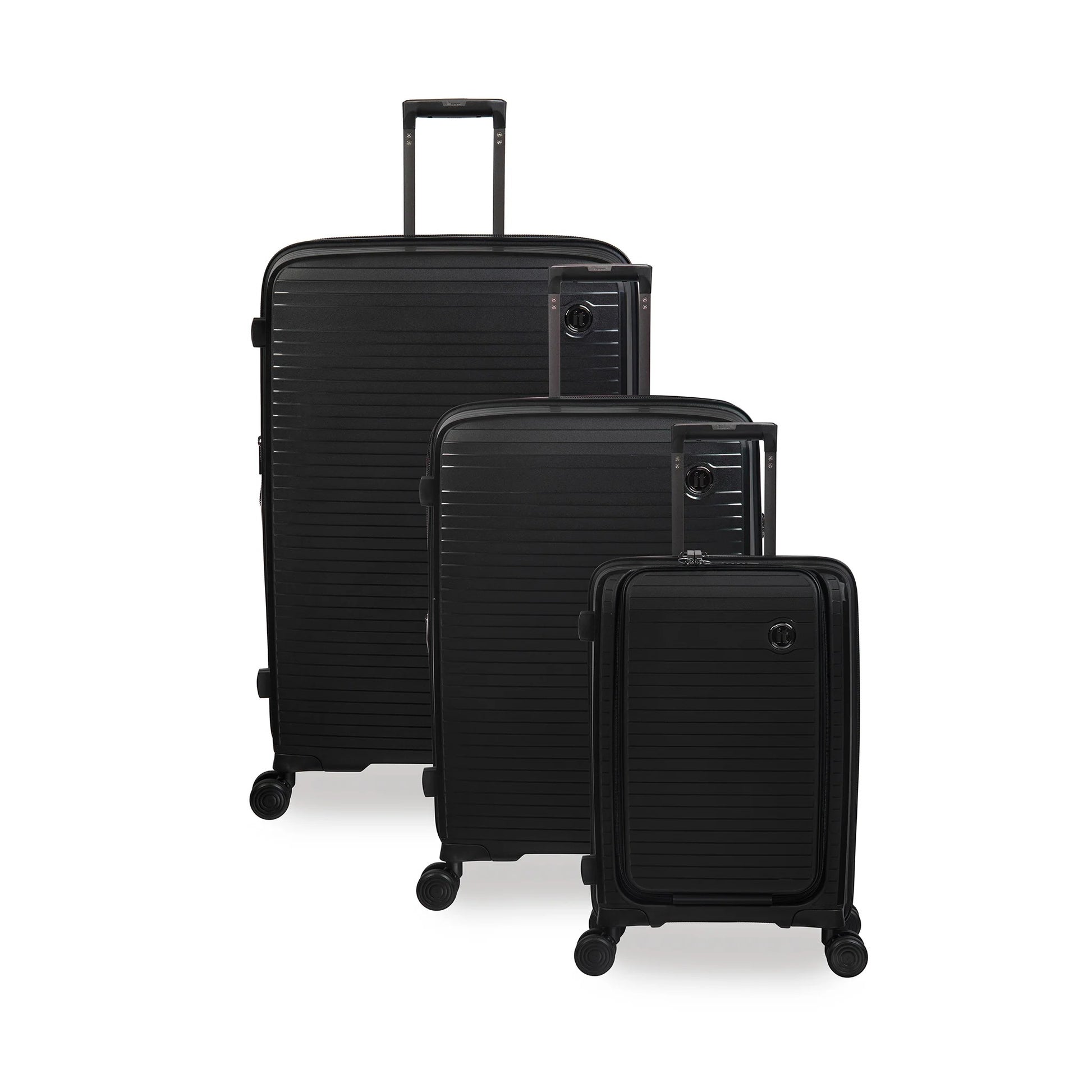 3 black suitcases of different sizes on a white background