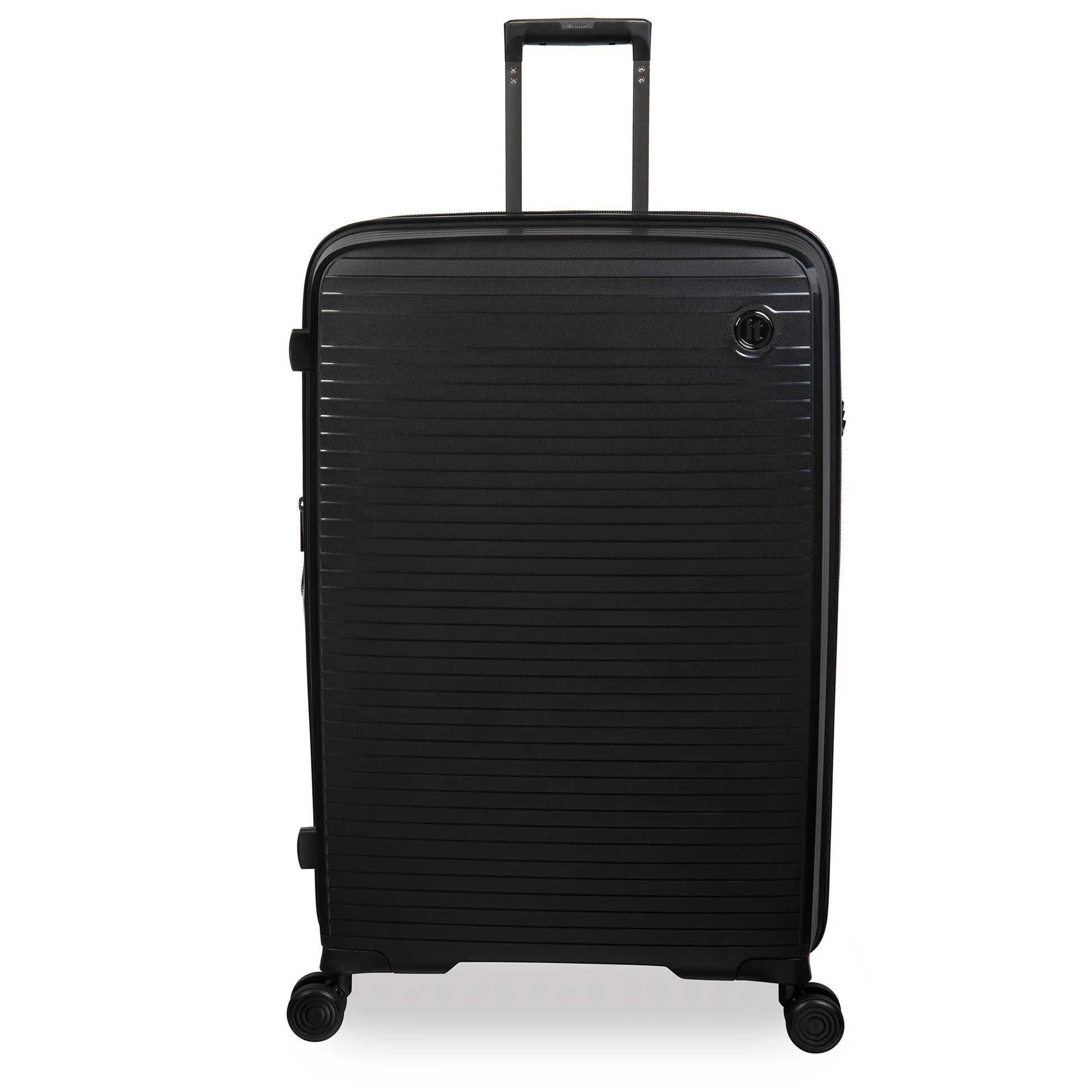 Black suitcase with a ribbed texture on a white background