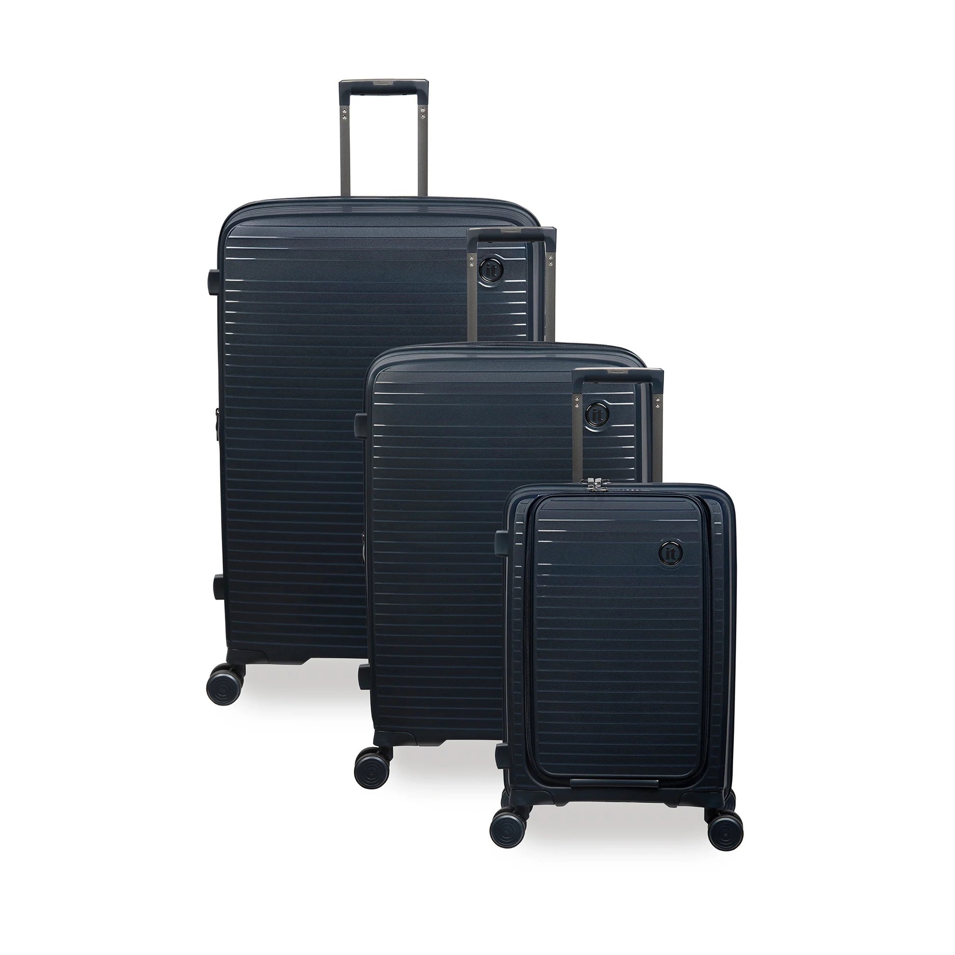 Set of three black suitcases of different sizes on a white background