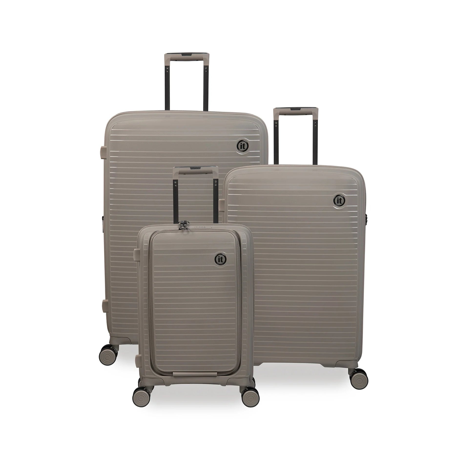 Set of 3 beige suitcases with wheels on a white background