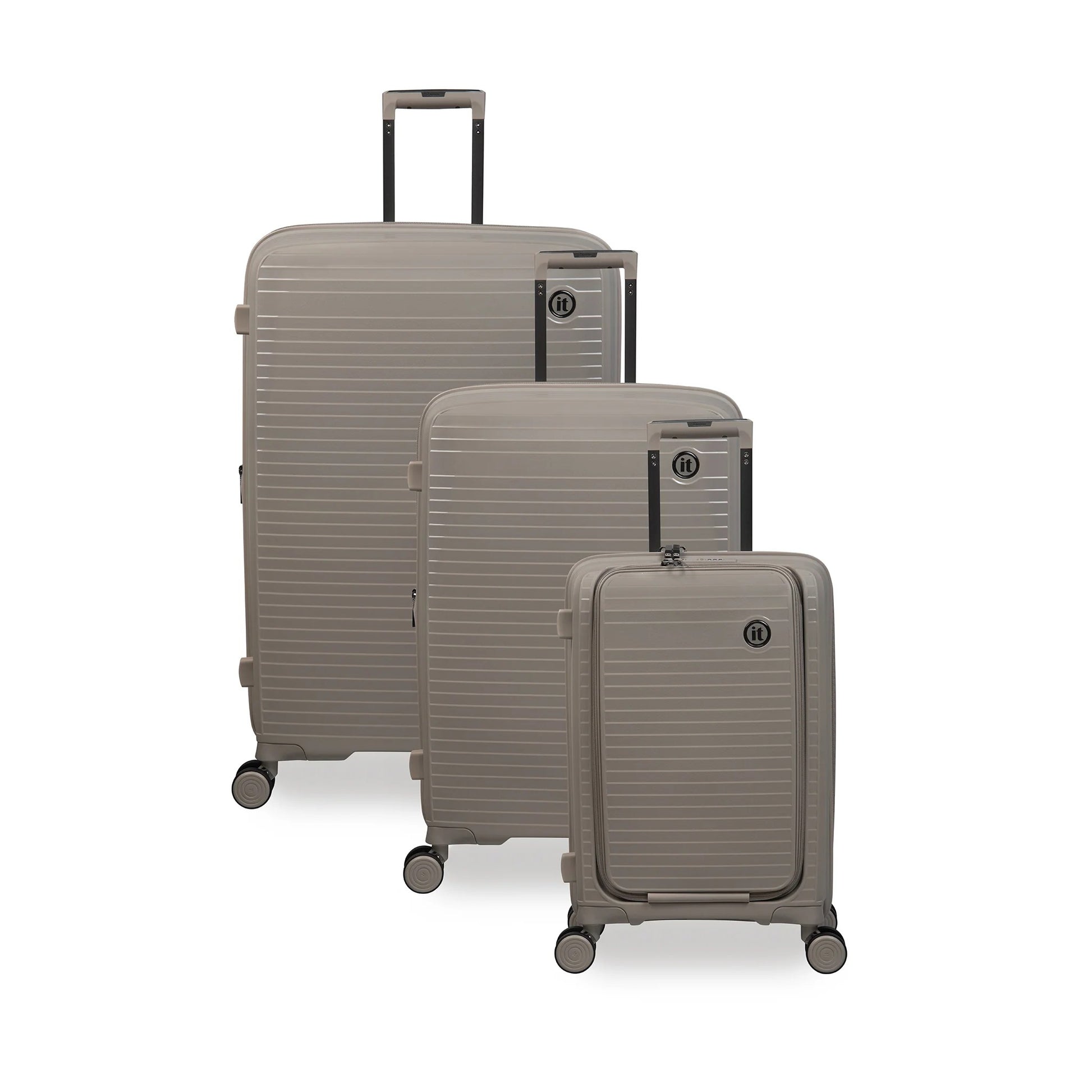 Set of 3 beige suitcases of different sizes on a white background