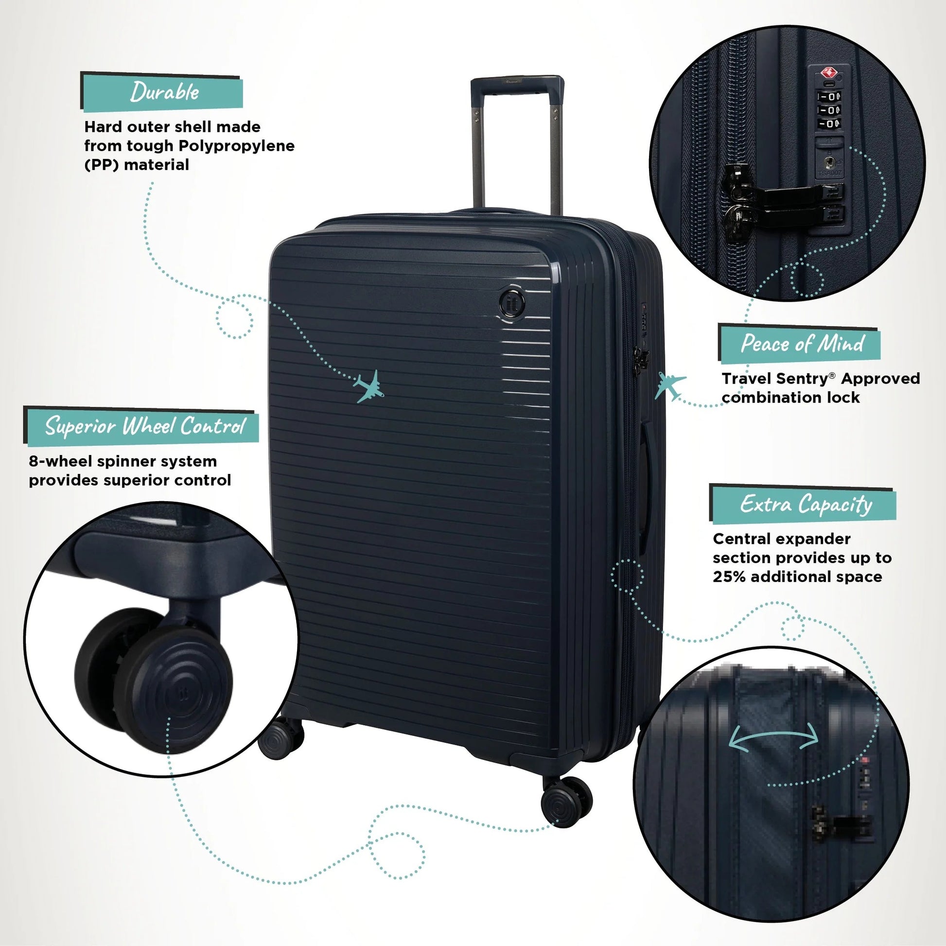 Black checked bag with features highlighted on a white background