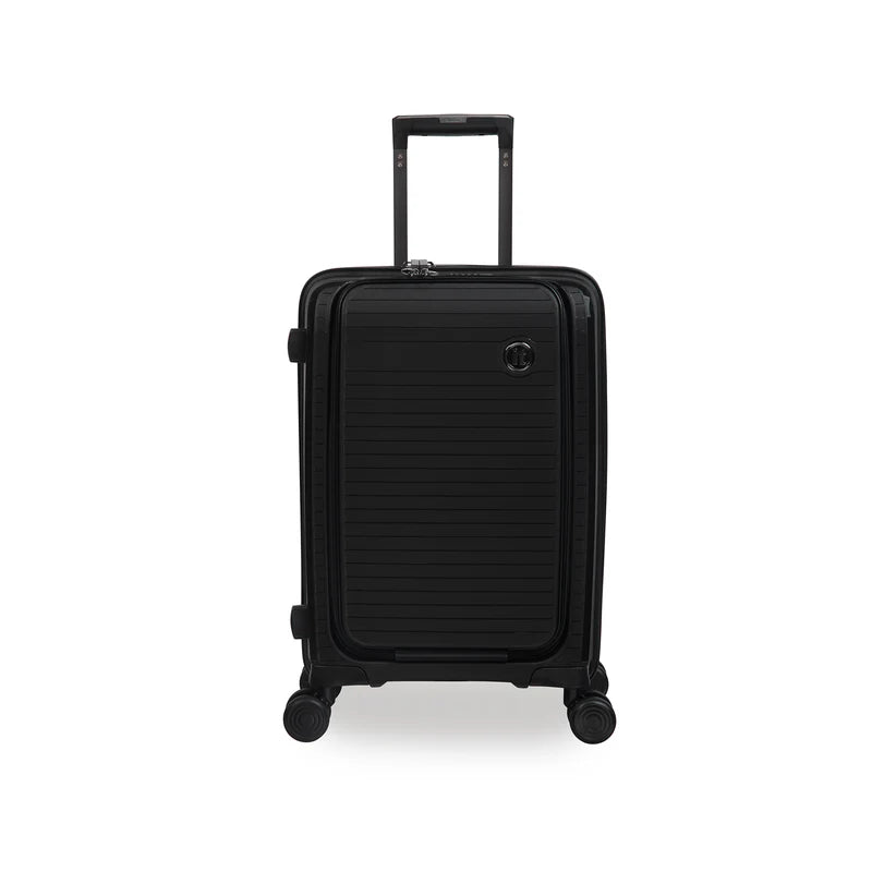 Black checked bag with wheels on a white background