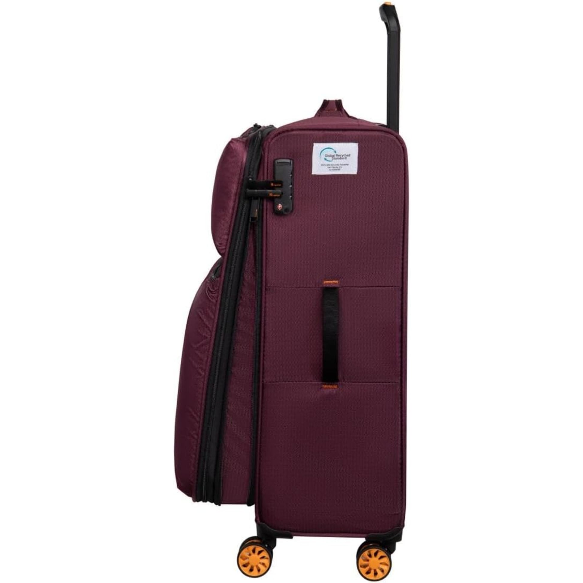 Maroon suitcase with wheels on a white background