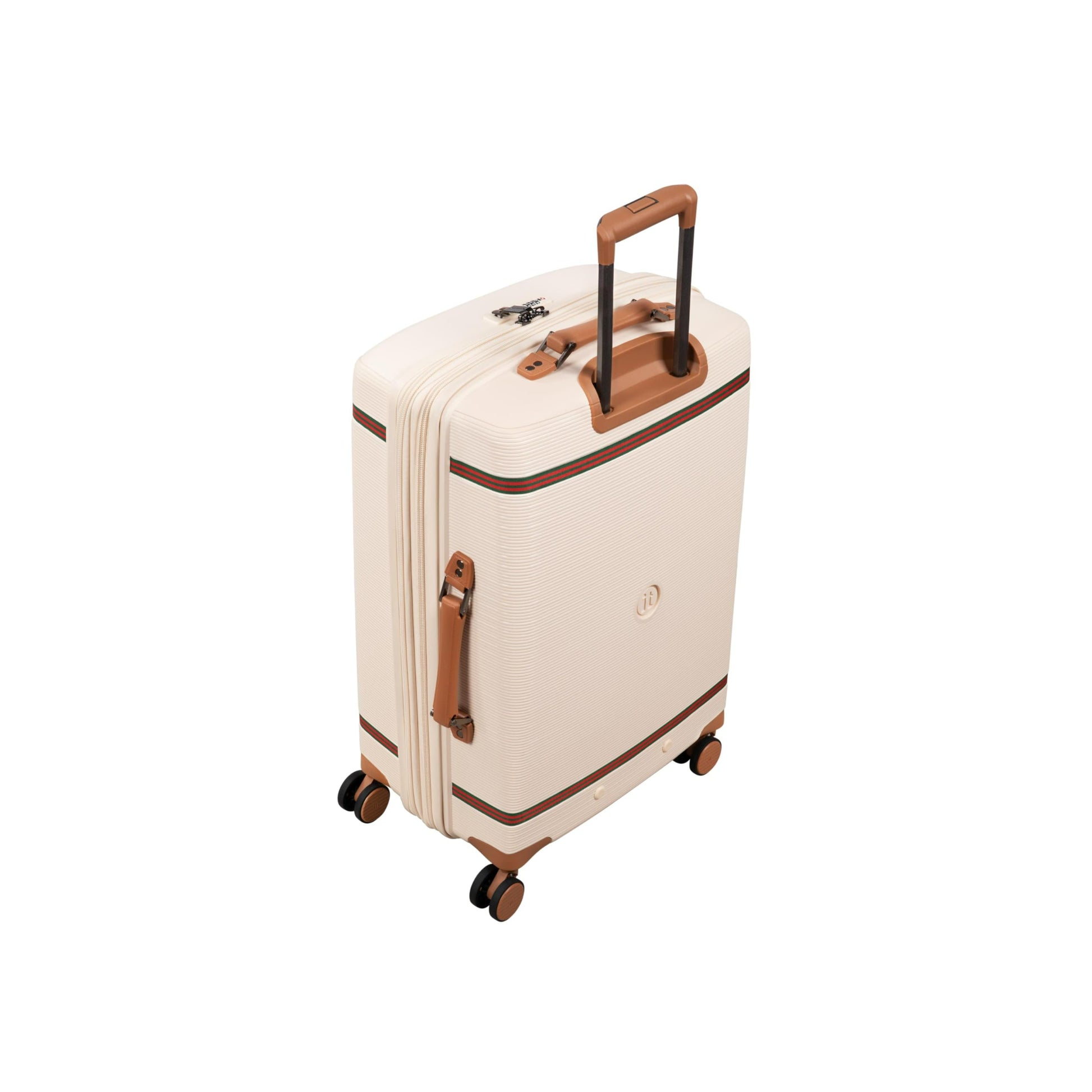 Beige luggage bags with brown accents on a white background