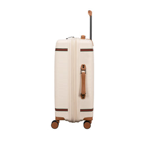 Beige luggage bags with brown accents on a white background