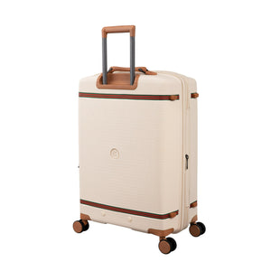 Beige luggage bags with brown handle and wheels on a white background