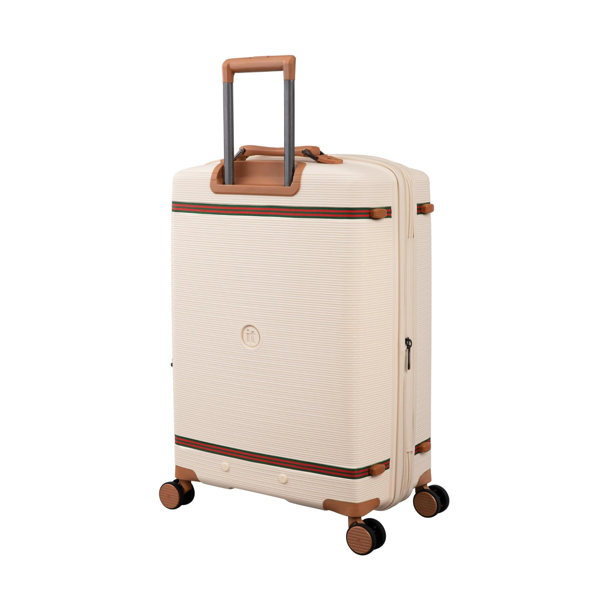 Beige luggage bags with brown handle and wheels on a white background