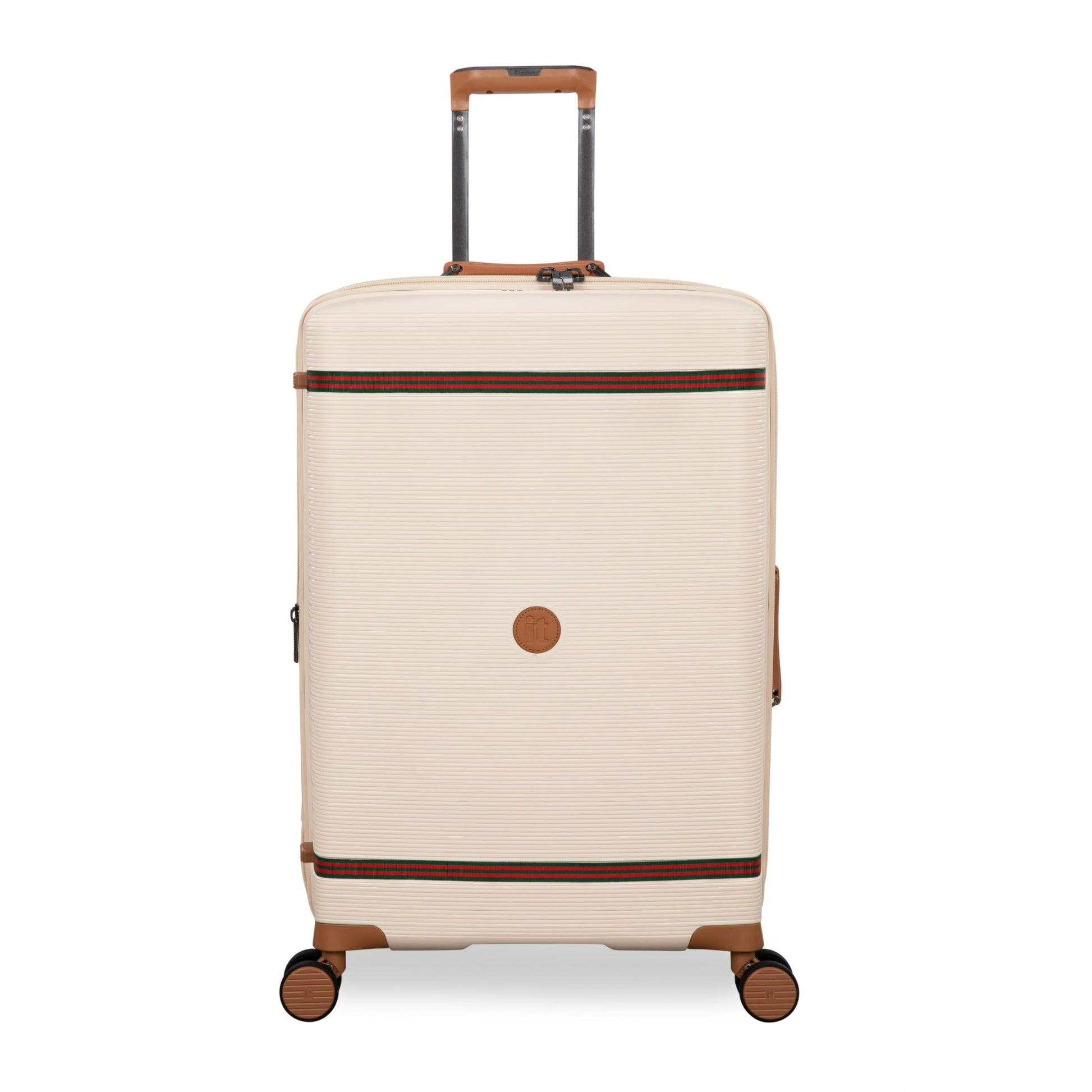 Beige suitcase with brown accents on a white background
