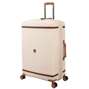 Beige suitcase with brown accents on a white background