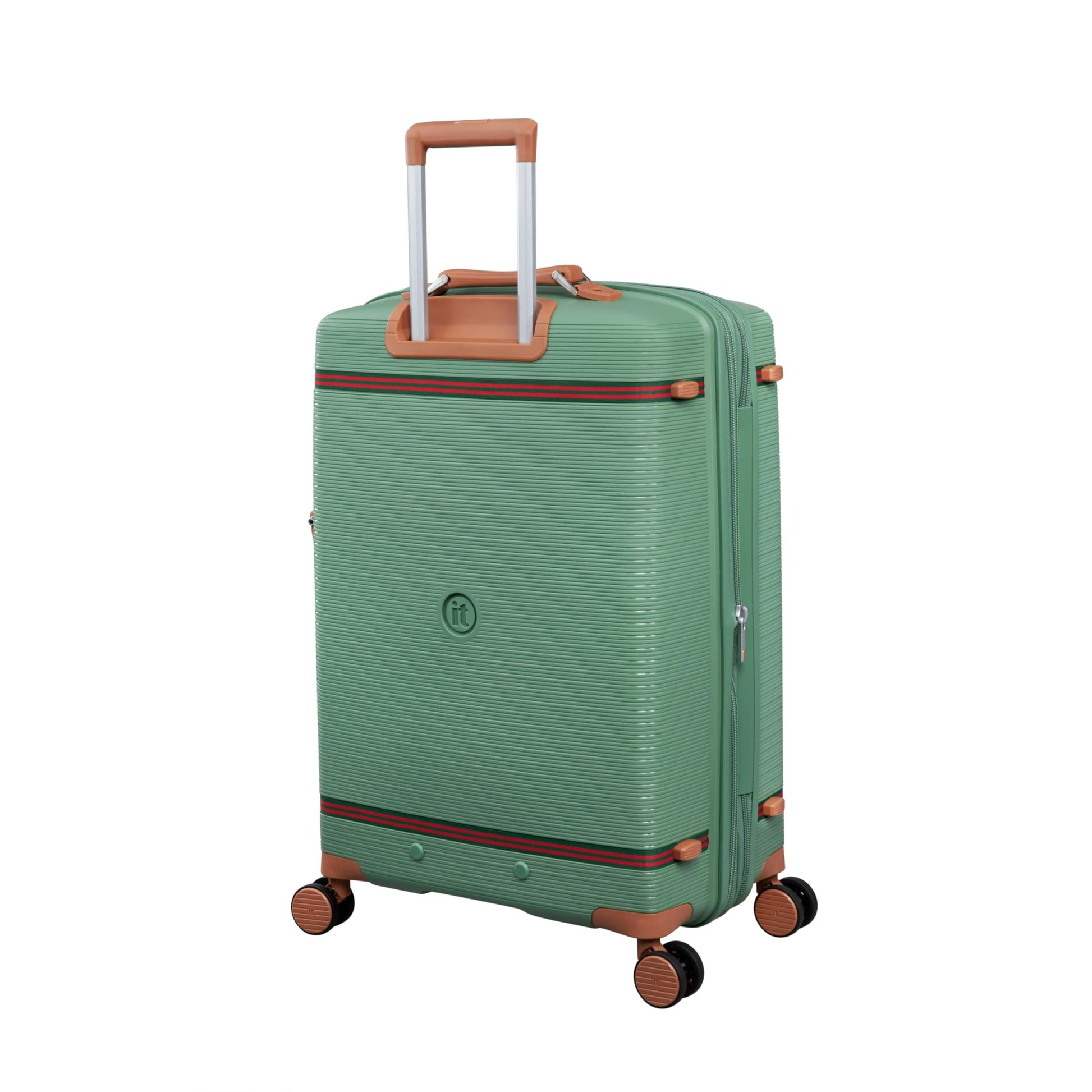 Green it luggage checked bag with brown handle and wheels on a white background