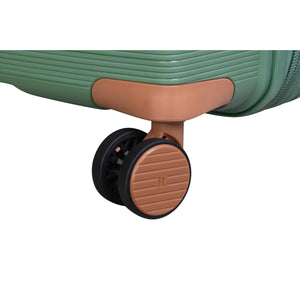 Close-up of a it luggage checked bag wheel on a white background