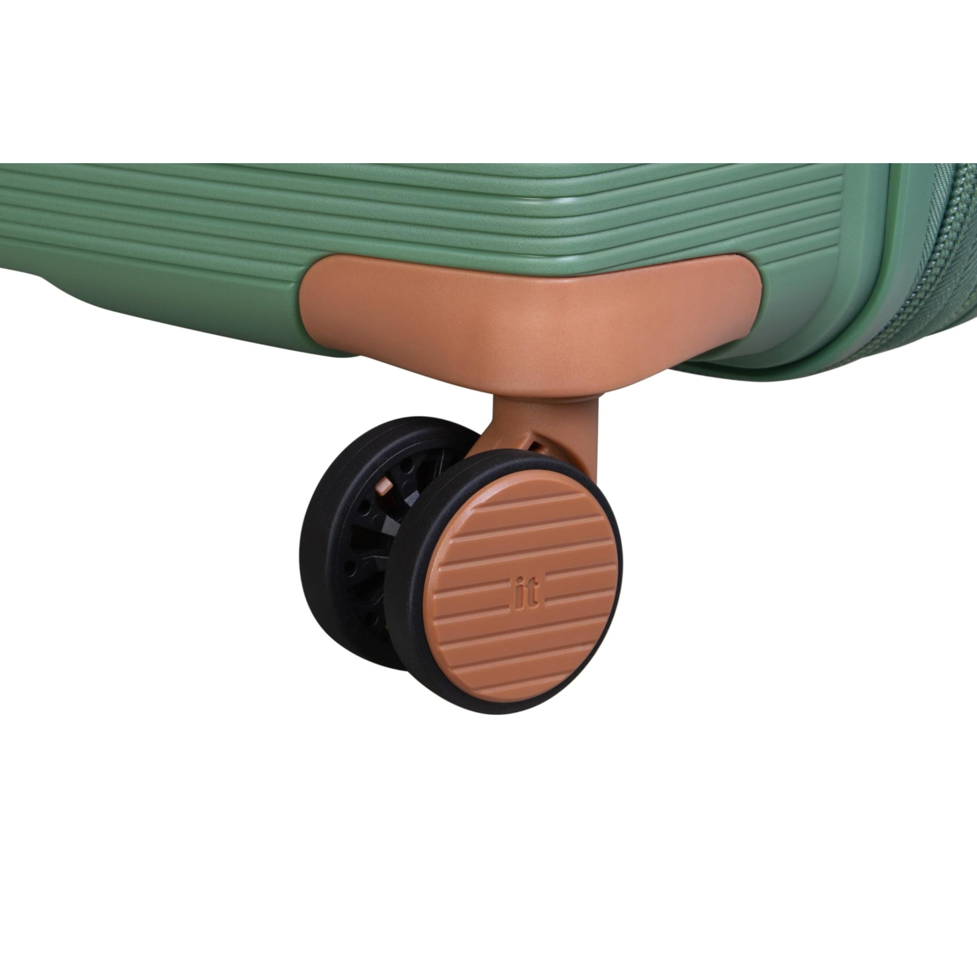 Close-up of a it luggage checked bag wheel on a white background