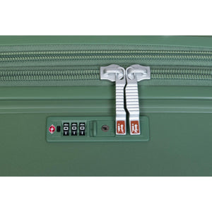 Green it luggage checked bag with a combination lock on a white background