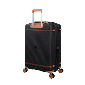 Black it luggage trolly bag with brown accents on a white background