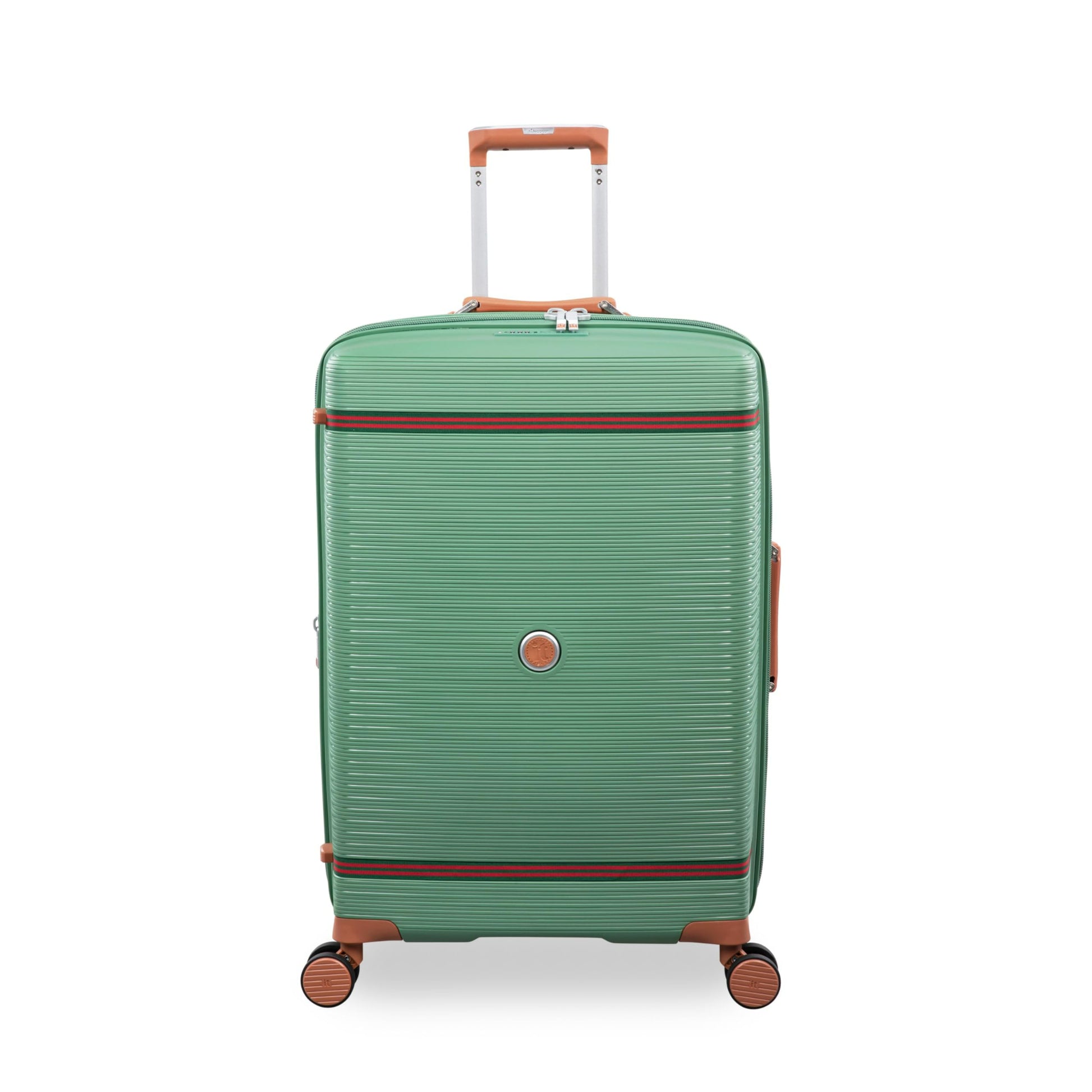 Green it luggage checked bag
with brown accents on a white background