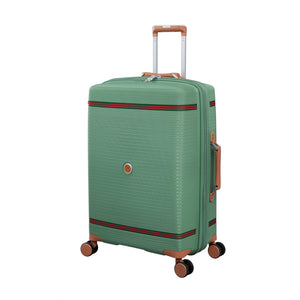 Green it luggage checked bag with brown accents on a white background