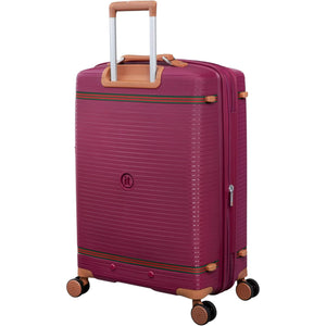 Purple travel bag with brown handle and wheels on a white background