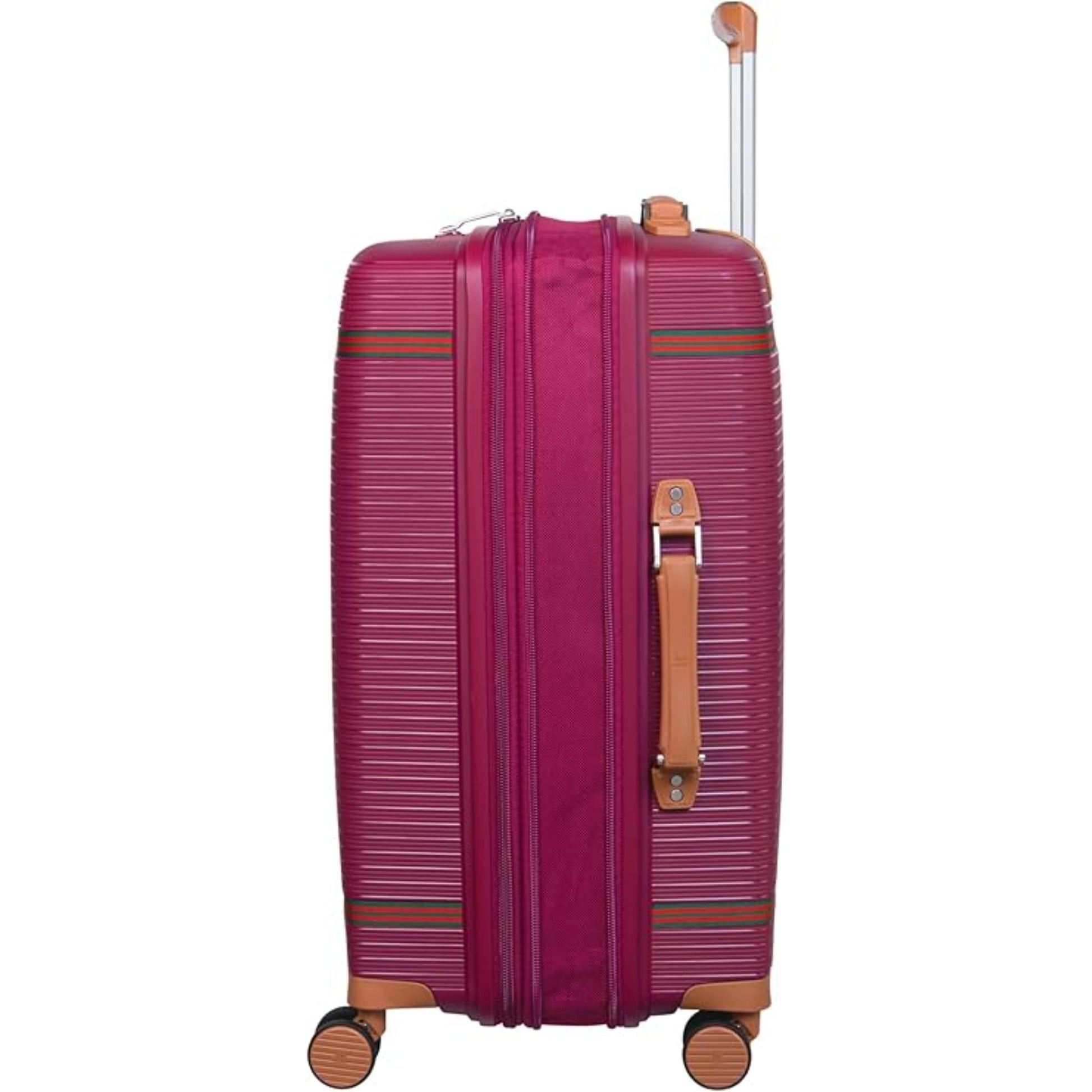 Pink trolly bag with a brown handle and wheels on a white background