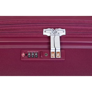 Close-up of a red trolly bag with a zipper and combination lock on a white background