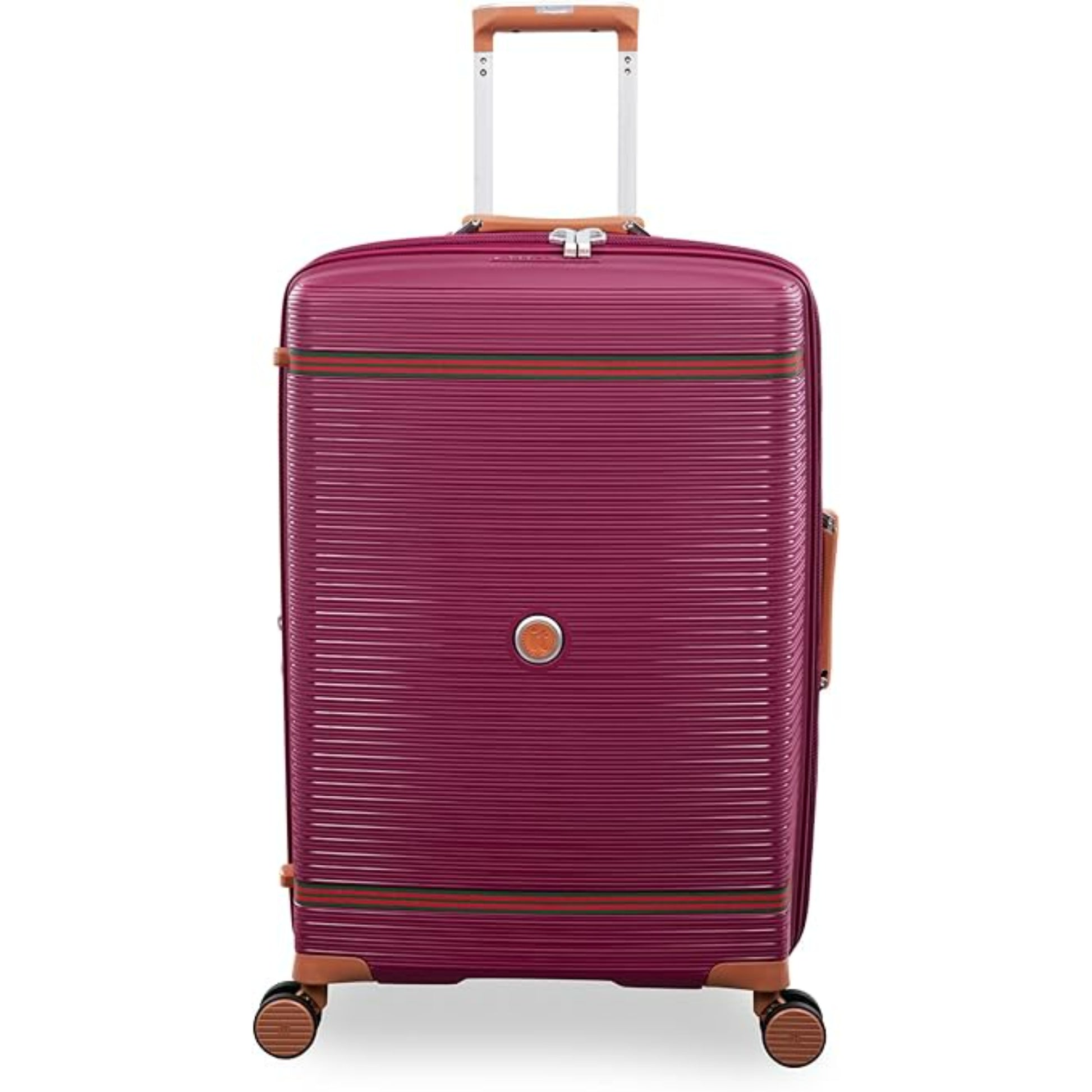 Purple travel bag with brown accents on a white background