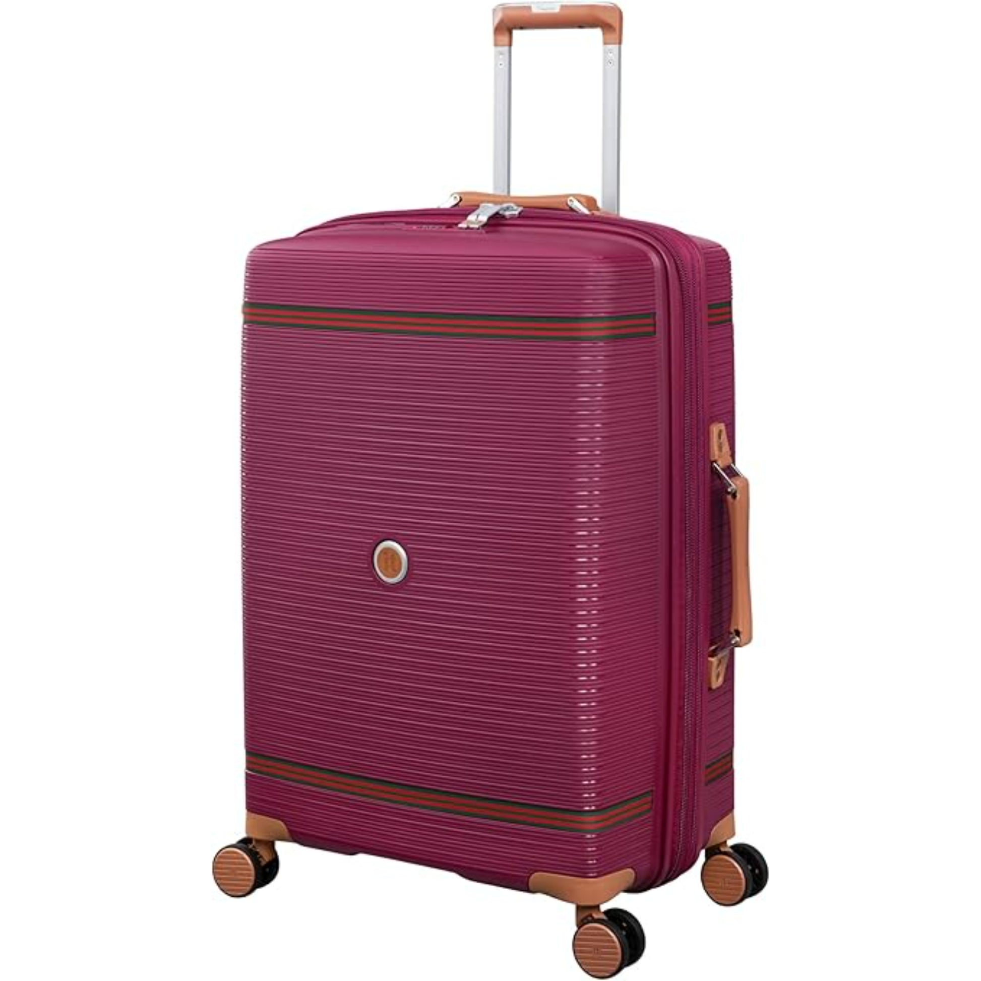 Purple travel bag with brown accents on a white background