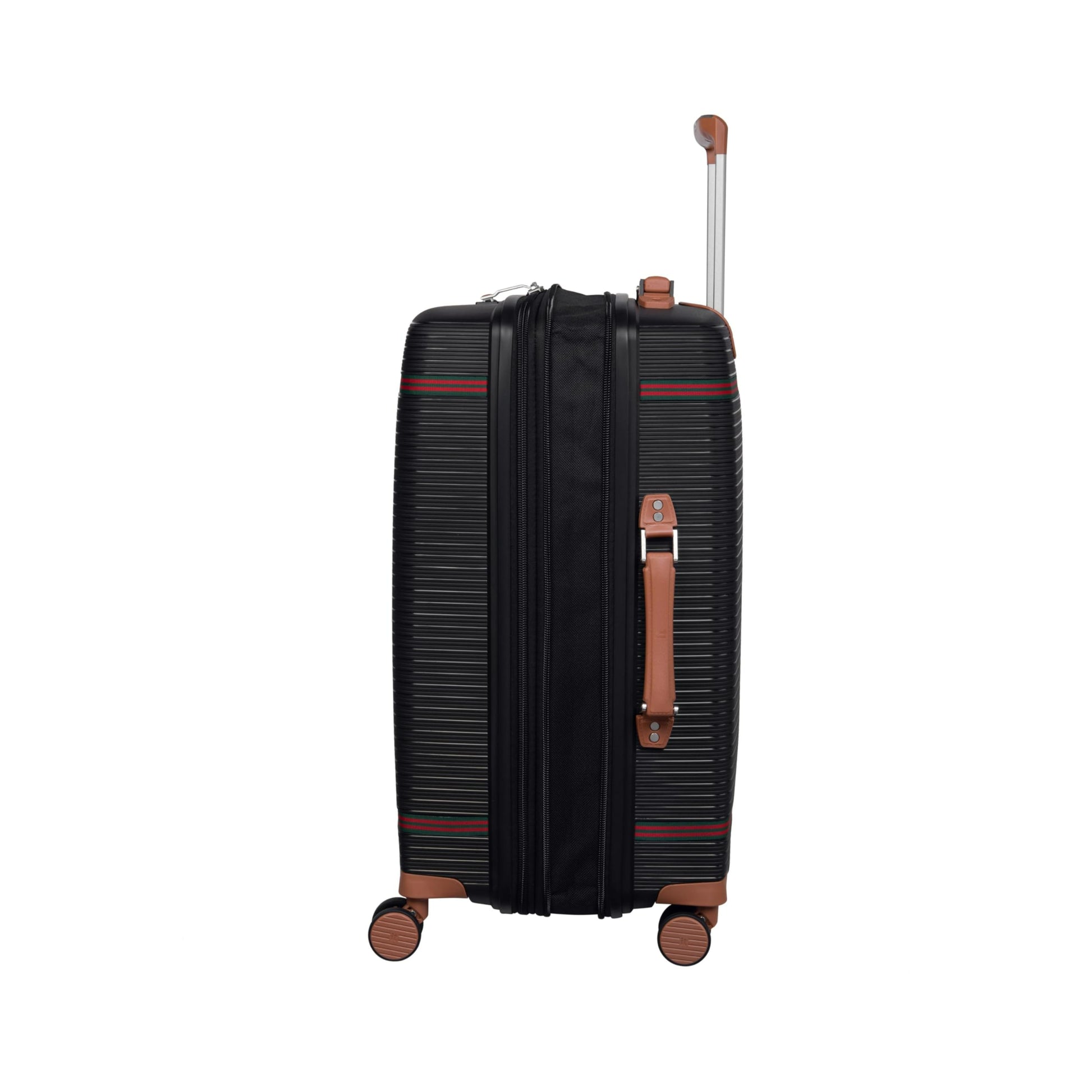 Black it luggage trolly bag with brown handle and wheels on a white background