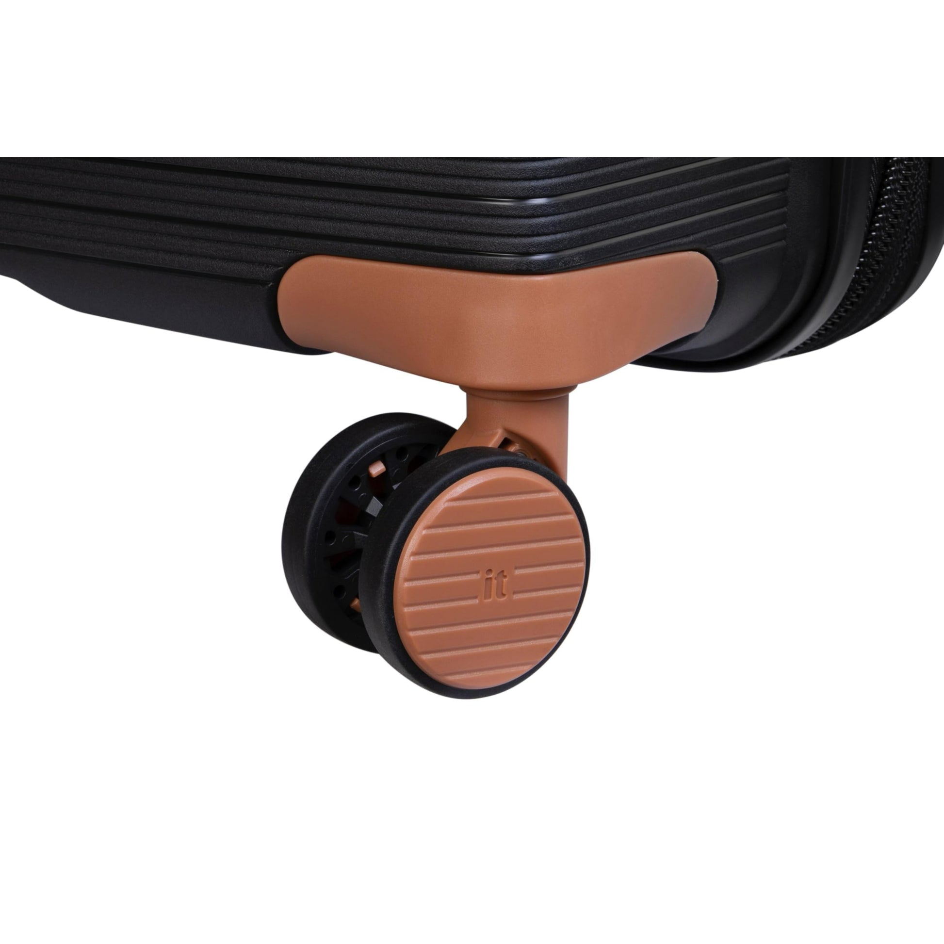 Close-up of a it luggage trolly bag wheel and handle on a white background