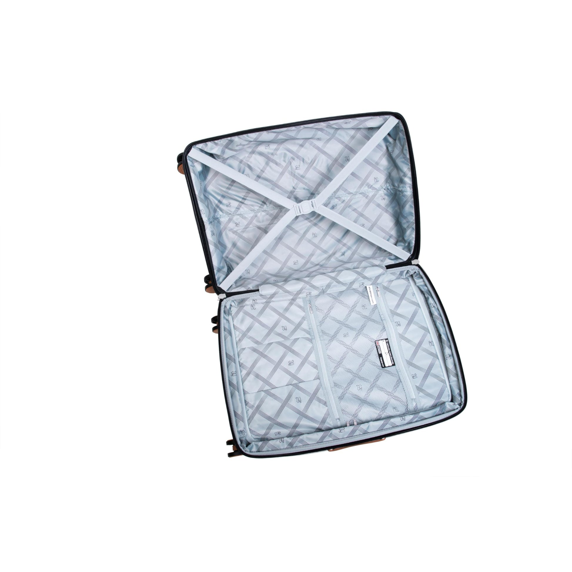 Open it luggage trolly bag with patterned interior on a white background