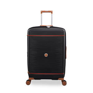 Black it luggage travel trolley bags with brown wheels and handle on a white background