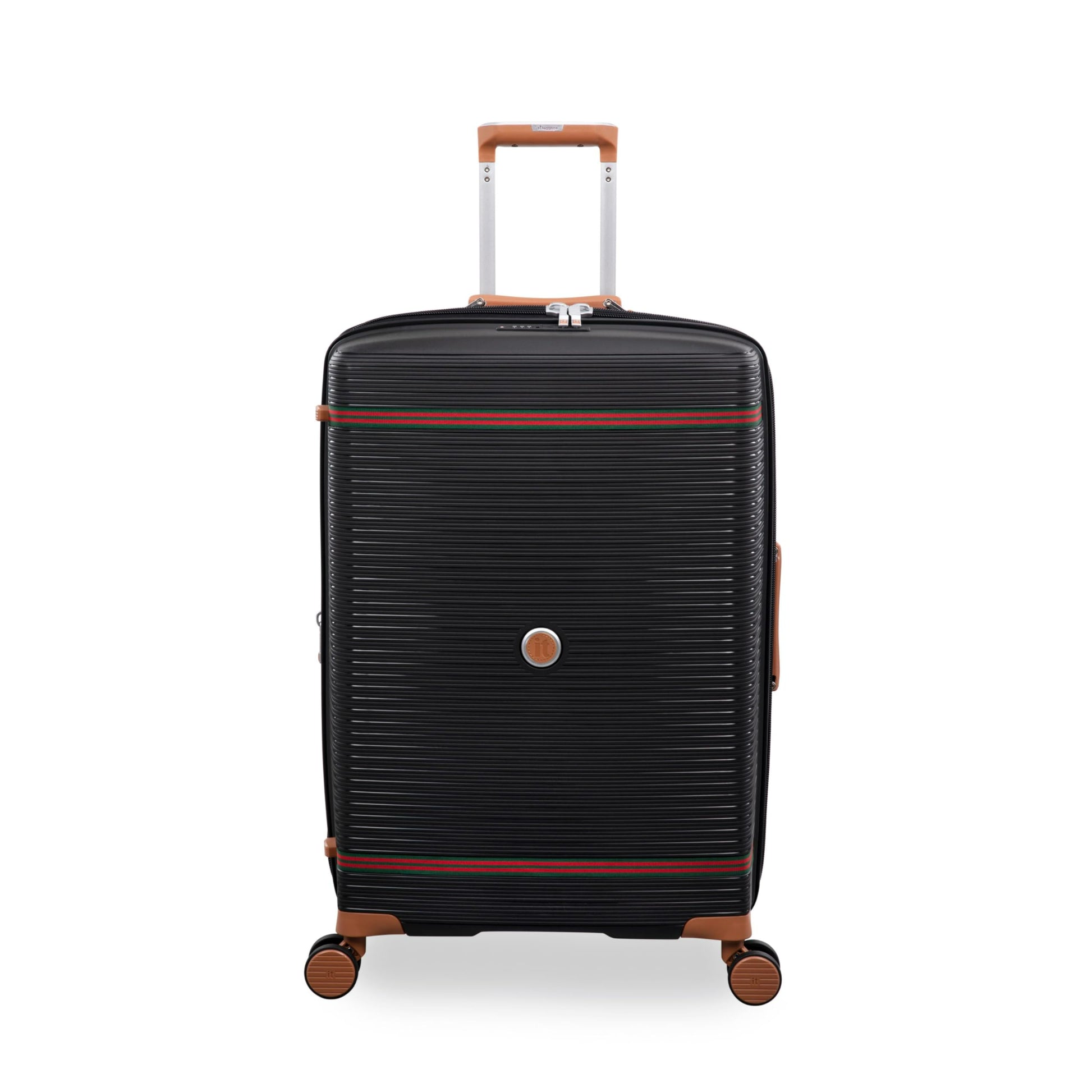 Black it luggage travel trolley bags with brown wheels and handle on a white background