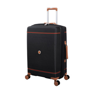 Black it luggage trolly bag with brown accents on a white background