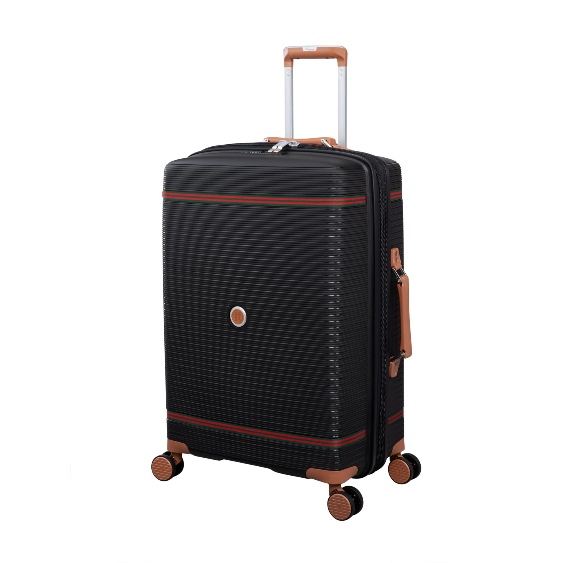 Black it luggage trolly bag with brown accents on a white background