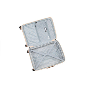 Open beige suitcase with a white interior on a white background