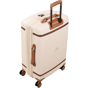 Beige suitcase with brown accents on a white background