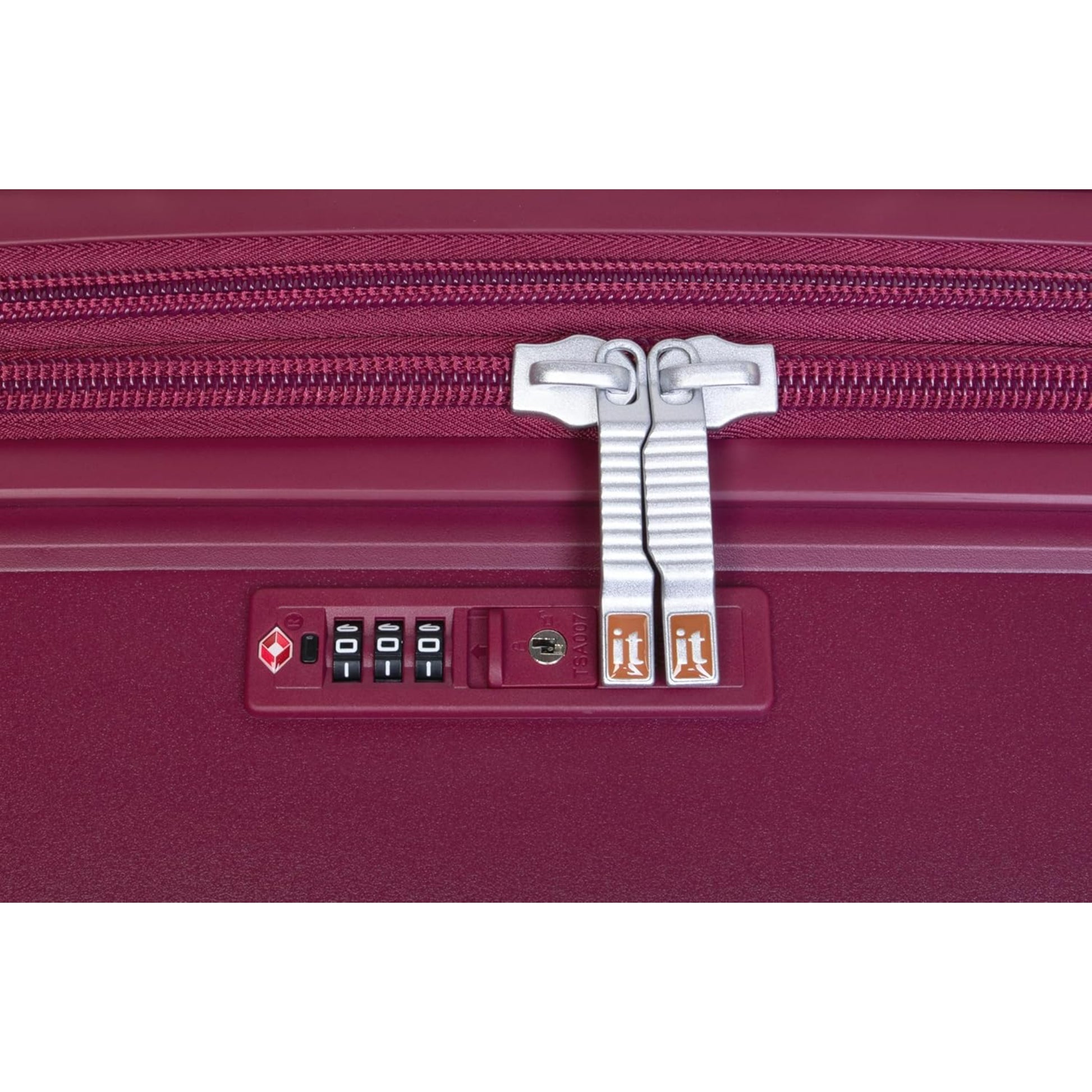Close-up of a maroon trolly bag
with a zipper and combination lock on a white background