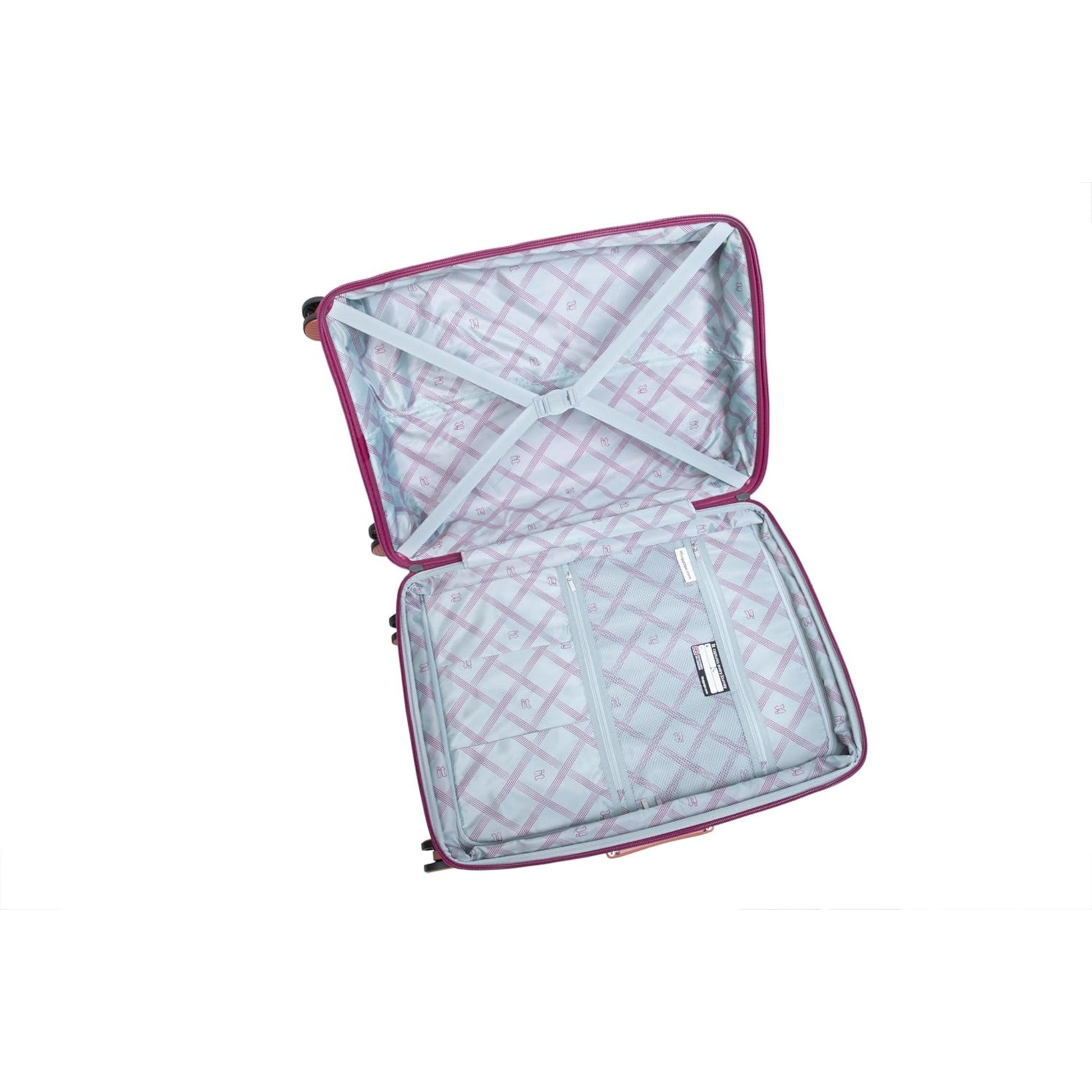 Open travel bag with red trim on a white background