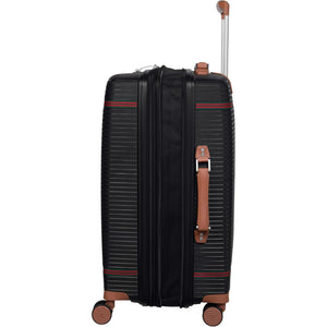 Black large luggage trolley with brown handle and wheels on a white background