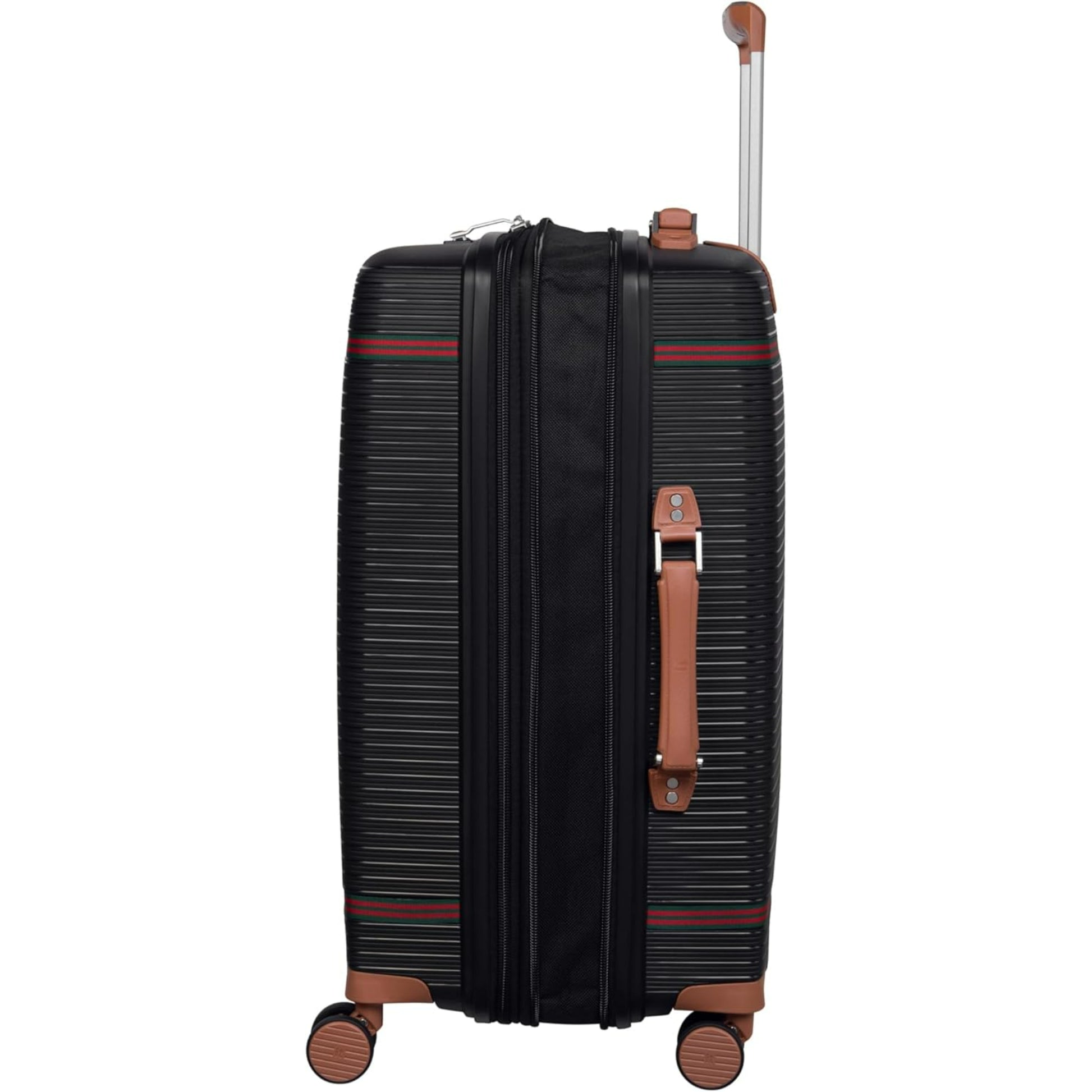 Black large luggage trolley with brown handle and wheels on a white background
