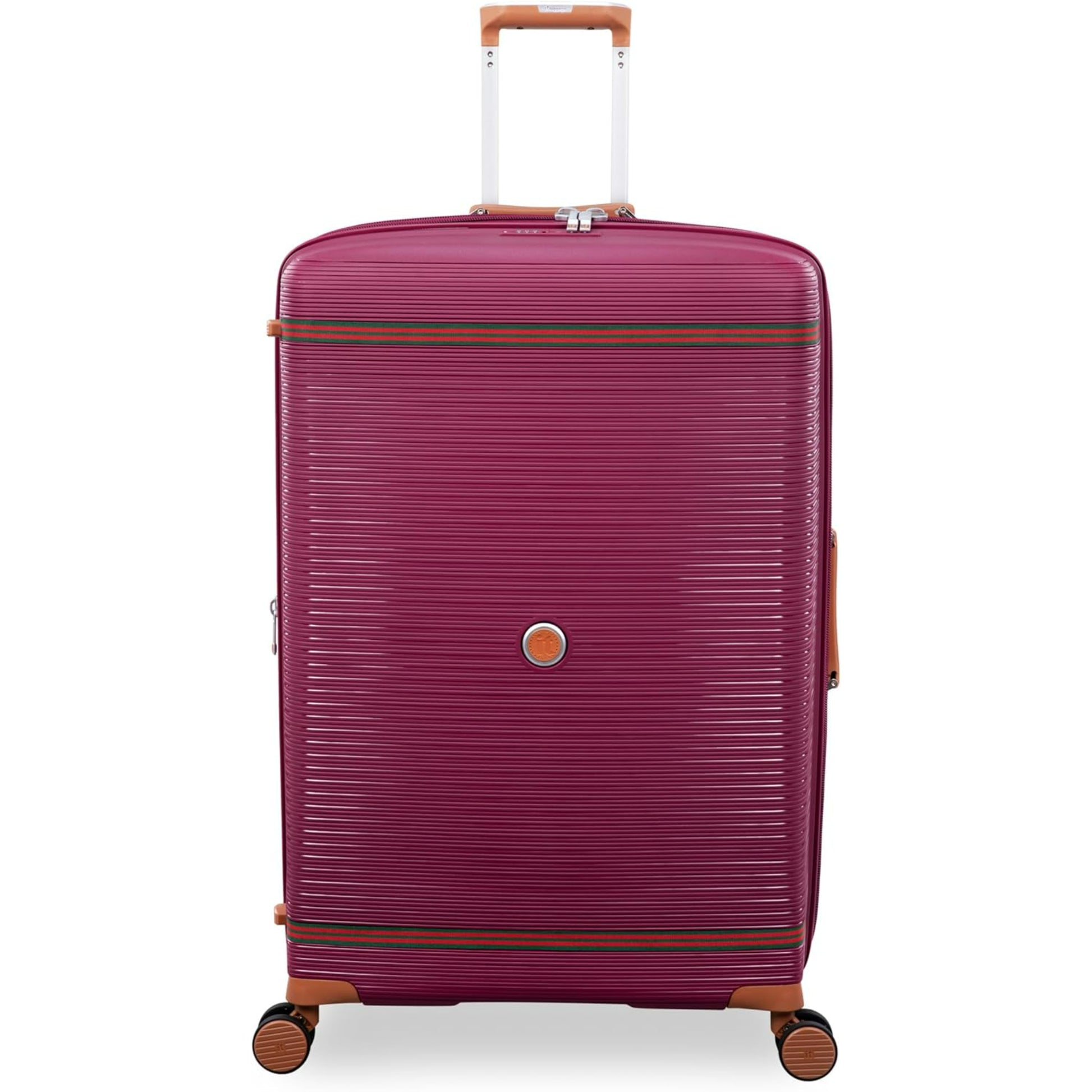 Red large hard shell travel luggage
with a textured surface on a white background